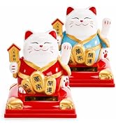 Youeon 2 Pack Lucky Cat Waving Arm, Small Solar Waving Cat, Vivid and Cute Beckoning & Welcoming ...