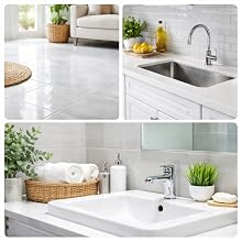 Image of a floor, kitchen counter and bathroom tiles