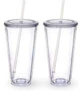 Zukro Clear Acrylic Tumbler with Straw and Lid 32 oz, Double Walled Insulated Reusable Plastic Ic...