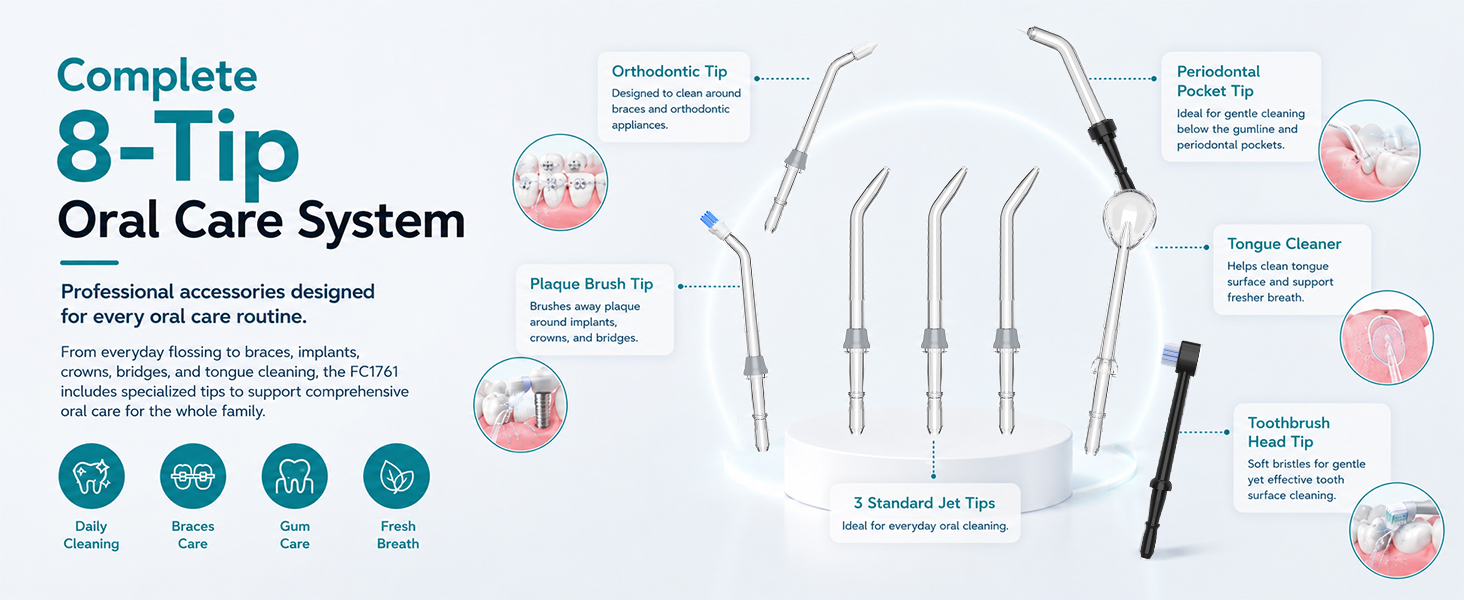 SimpliCare FC1761 countertop water flosser with 10 pressure levels, 600ml tank and 8 tips.