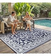 PureCozy Outdoor Waterproof 5x8 Plastic Straw Patio Rug Navy Blue Reversible for Outside Vintage ...