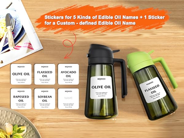 Oil Sprayer for Cooking, 2 in 1 Olive Oil Dispenser Bottle for Kitchen, Cooking oil stickers