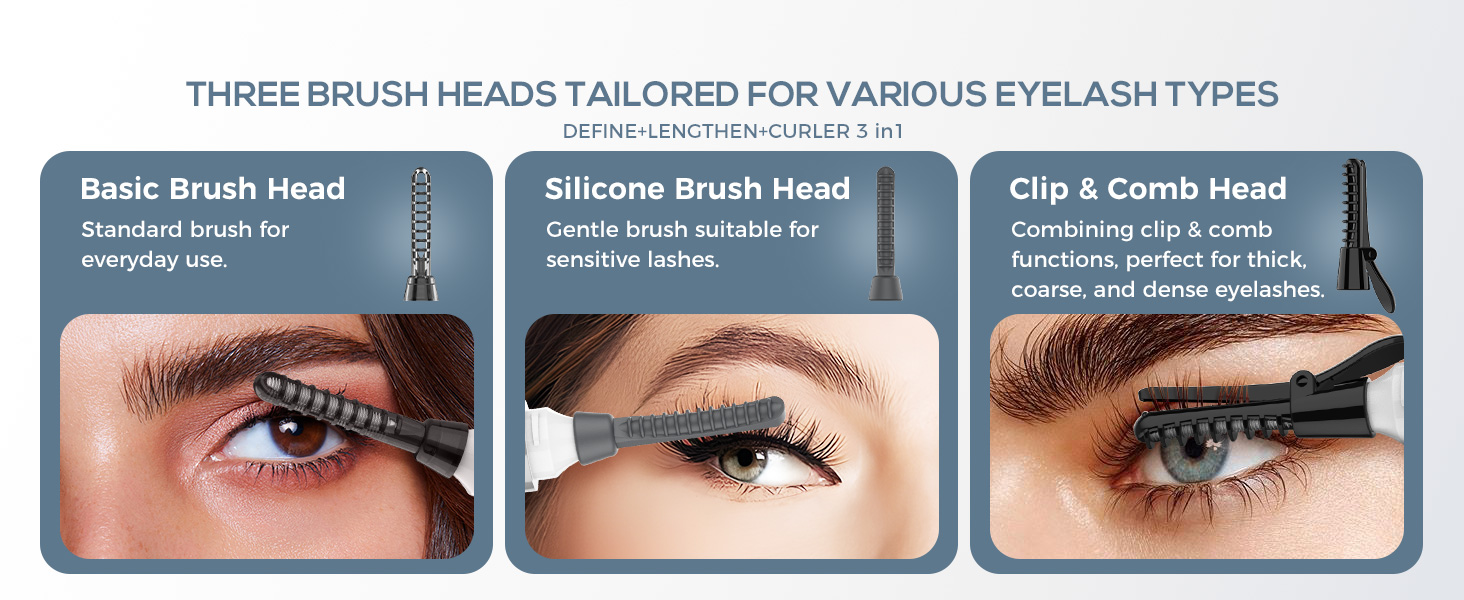 Three different mascara brush heads displayed side-by-side: basic brush for everyday use, silicone brush for sensitive areas, and clip & comb combination head.