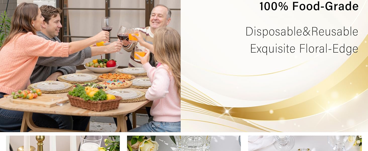 clear and gold plastic plates
