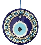 Erbulus 4.3" Glass Blue Evil Eye Wall Hanging Gold and Turquoise Floral Design Ornament – Turkish...