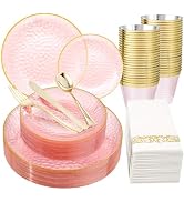 Rubtlamp 175 Pcs Pink Plastic Plates Dinnerware Set (25 Guests), Pink Disposable Plates With Gold...