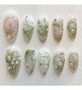 LBPEPAMZ Green Press on Nails Medium Almond Fake Nails with 3D Pearl Rhinestones Designs Gold Fre...