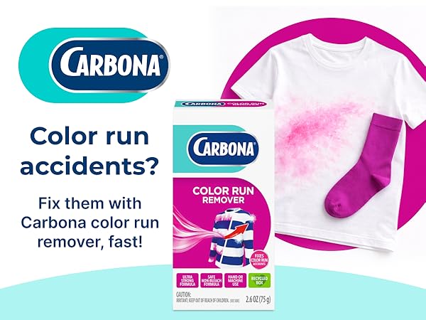 Carbona color run remover for fixing dye transfer and restoring whites and colorfast clothing