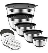 FCULAPO Stainless Steel Mixing Bowls with Lids & 3 Grater Attachments,Black | 5Pcs Metal Airtight...