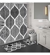 MitoVilla 4 Pcs Black Shower Curtain Sets with Rugs, Boho Bathroom Sets with Shower Curtain and R...
