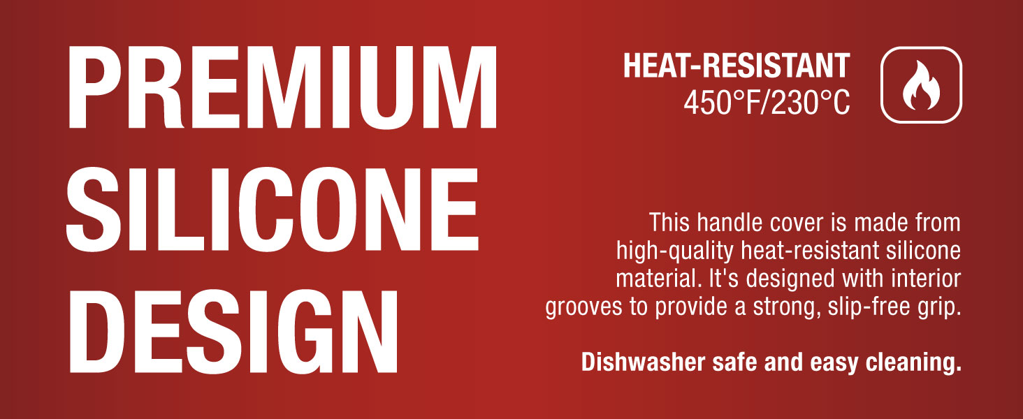 A red text box with white text. Text reads: Heat-resistant and dishwasher-safe.