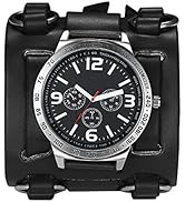 Avaner Mens Retro Steampunk Rock Black Wide Leather Bracelet Cuff Watches Big Face Round Dial Ana...
