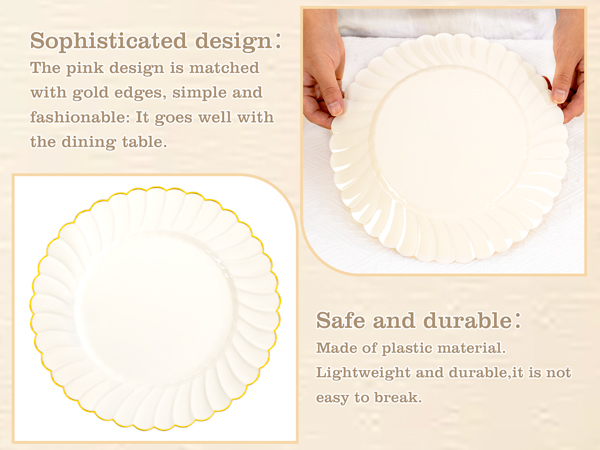 100 Pack Ivory Scalloped Plastic Plates - 7.25 Inch/10.25 Inch Gold Disposable Plates with Gold Rim