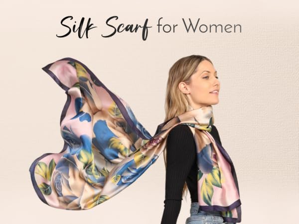Text reads: 'Silk Scarf for Women'. Flowing silk scarf with abstract multicolored artistic pattern displayed both flat and draped.