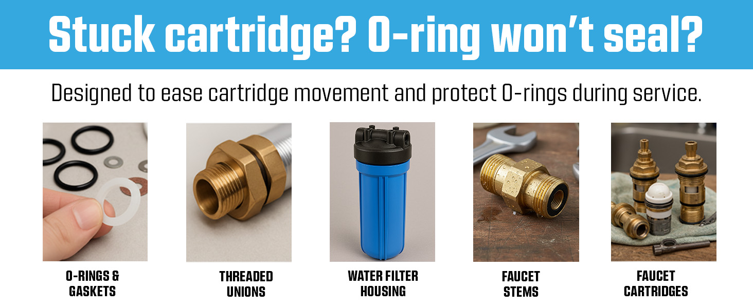 Silicone grease applications for O-rings, threaded unions, water filters, and faucet cartridges.