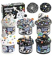 Astronaut slime kit featuring space-themed containers with colorful, textured slimes. Set includes cloud, galaxy, and butter slimes with cosmic decorations like stars, planets, and astronaut figures.