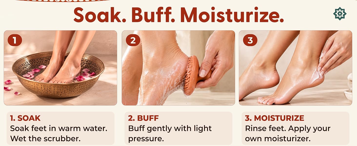 Three foot-care steps: soak feet, gently buff with the terracotta scrubber, then moisturize
