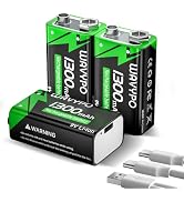 3-Pack 1300mAh Rechargeable 9V Batteries, 9 Volt Lithium Batteries USB-C Charge with 2 in 1 Charg...