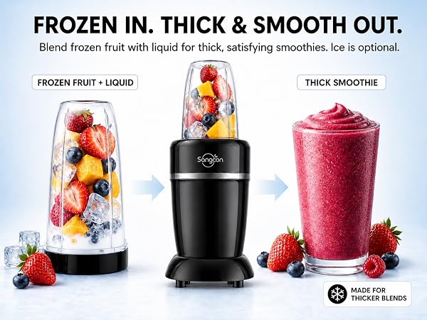Sangcon blender turns frozen fruit and ice into thick, smooth everyday smoothies.