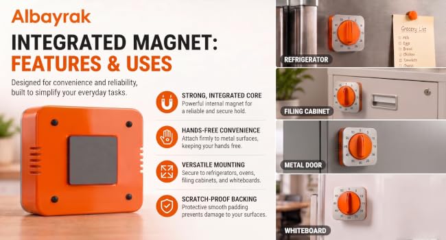 ALBAYRAK timer back showing a large magnet next to examples on metal surfaces