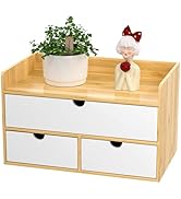 Wisuce Desk Organizer with Drawers - Bamboo Desktop Organizer Storage | Natural-White Wood Desk D...