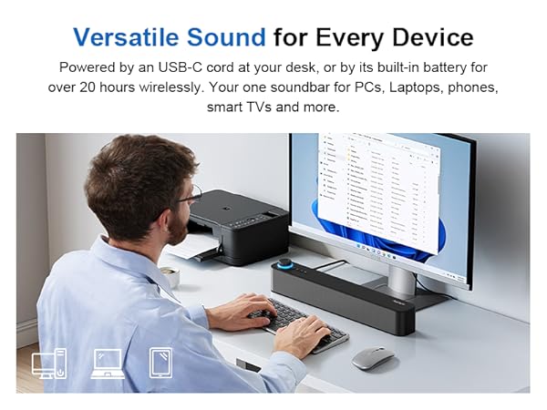 Text reads 'Versatile Sound for Every Device'. Person at desk using computer with text overlay describing USB-C audio capabilities.
