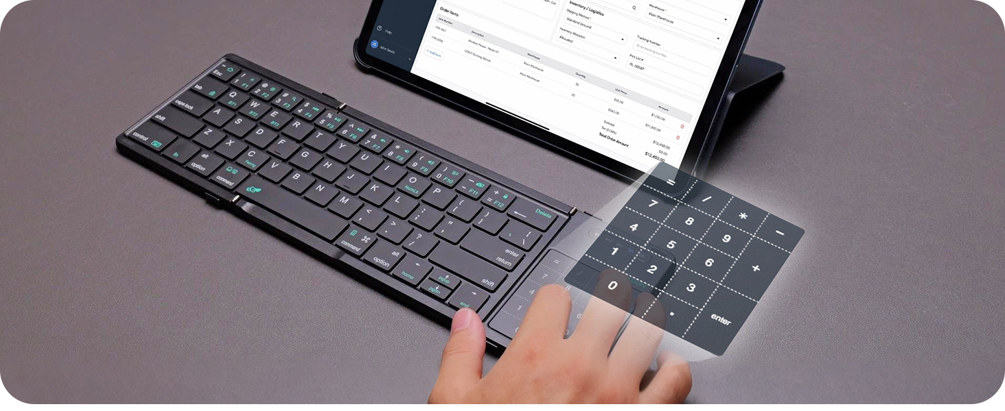 Number pad mode on foldable keyboard for fast numeric input in spreadsheets and accounting work