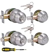 2 Sets All Keyed Same Entry Door Knob and Single Cylinder Deadbolt Combo Set, Round Ball Satin Ni...