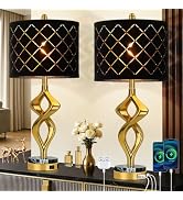 28.5" Modern Sculptural Living Room Table Lamps Set of 2 with USB Ports and Outlet, Gold Bedside ...