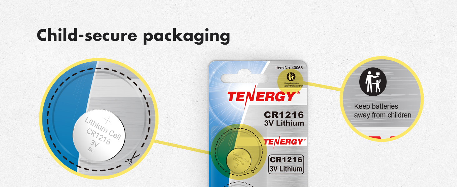 Keep batteries away from children, child-secure packaging