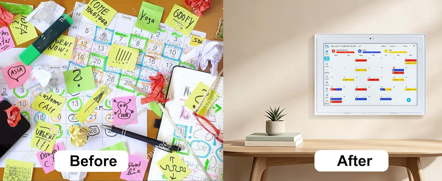 Side-by-side comparison: messy paper planner vs clean digital wall calendar