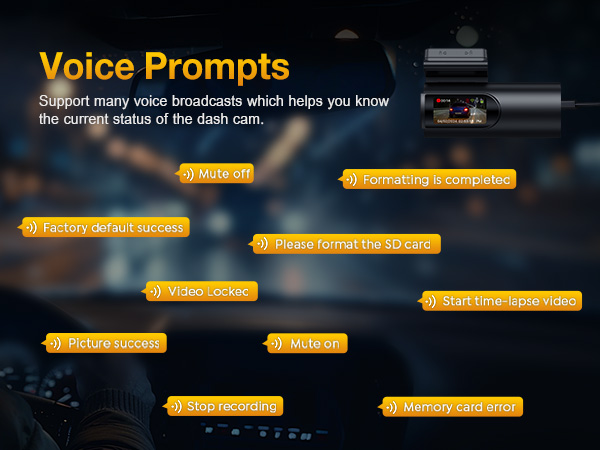 Interface display showing voice prompt menu options for dash cam controls against a blurred background, with multiple yellow text buttons.