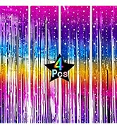 Pack of 4 Sparkling Neon Rainbow Foil Fringe Curtain Backdrop Metallic Streamers Photo Booth Prop...