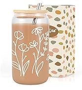 Coolife Floral Iced Coffee Cup, 16 oz Drinking Cute Glass Cups w/Lids Straws, Aesthetic Matcha, F...