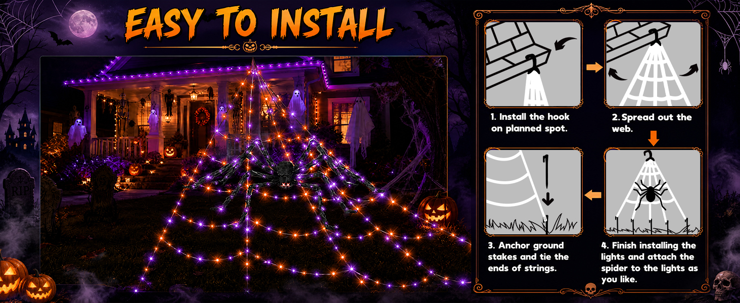 Halloween Decorations Outdoor Spider Web Lights with Glowing Spider