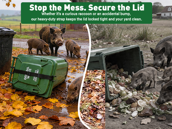 With strap: lid secure, no mess. Without strap: boar opens lid, garbage everywhere.
