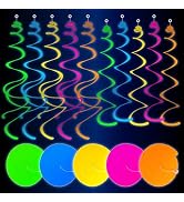 HonuGoGo 48ct Fluorescent Neon Hanging Swirl Decorations, 5-Color Paper Swirls Glow in Blacklight...