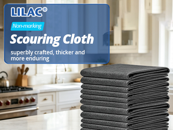 LILAC non-marking scouring cloths stacked in a kitchen. Strong water absorption and stain removal.