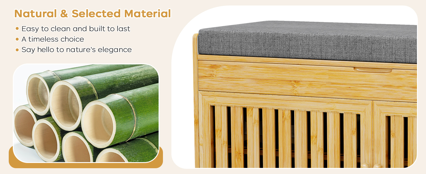 Shoe Storage Bench, Bamboo Entryway Bench with 2 Doors & Padded Seat Cushion