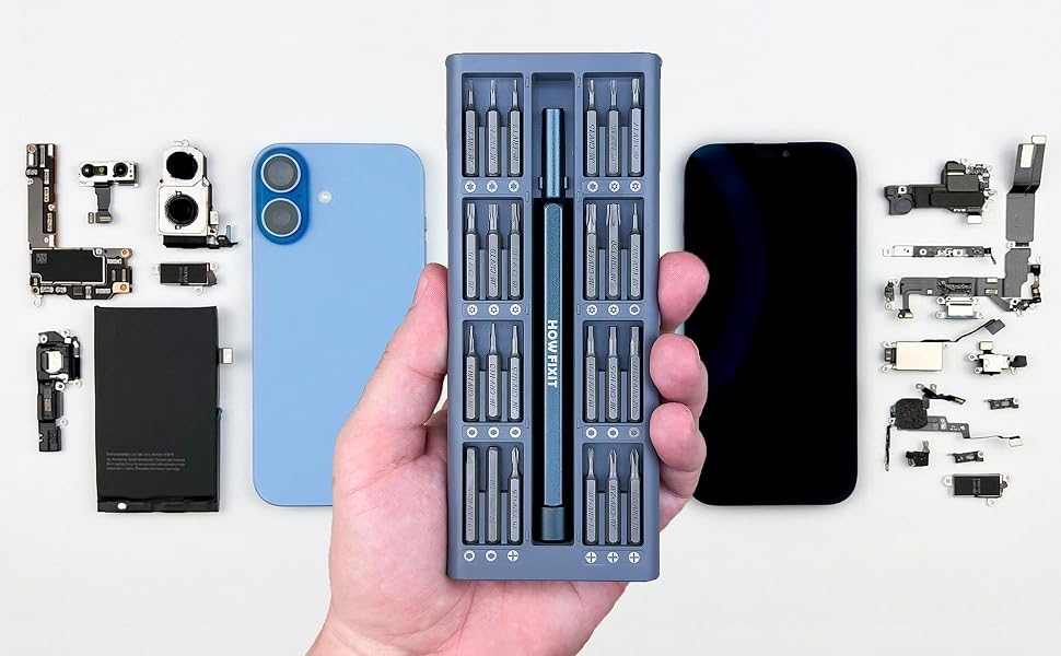 Hand holding HowFixit 48-bit precision screwdriver set with disassembled iPhone parts behind