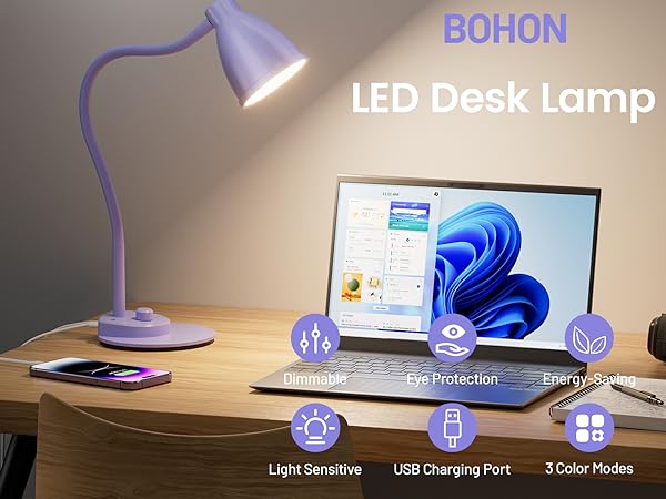 LED Desk Lamp with USB Charging Port Dimmable Reading Lamp Task Table Light Office Dorm Bedside