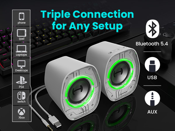 connect via Bluetooth 5.4, USB, or 3.5mm AUX. Perfect for PC, laptops, PS5, Switch, and tablets
