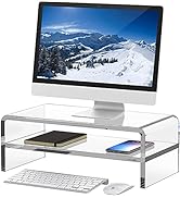 Egchi Clear Acrylic Monitor Stand Riser 2 Tier, 5.5 Inches High Clear Computer Desk Organizer She...