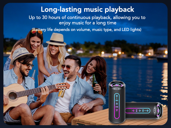 Portable speaker shown in outdoor nighttime settings. Text reads 'Strong floatable music playback' and 'Up to 50 hours playtime and 10,000 mAh power to enjoy music for a long time'