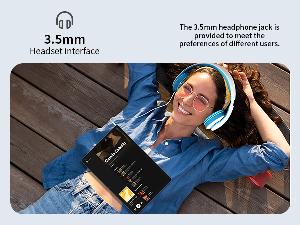 Text reads "3.5mm Headset Interface" and "The 3.5mm headphone jack is designed to meet the preferences of different users." Person wearing blue headphones lying down with professional over-ear headset displayed.