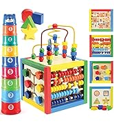 Wooden Activity Cube for Baby - 6 in-1 Baby Activity Play Cube with Bead Maze, Shape Sorter, Abac...