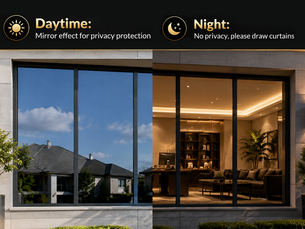 One way window film daytime privacy tinting blocks neighbors looking inside house windows.