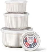 E-far Ceramic Mixing Bowls with Lids, Serving Bowls Set of 4, Cream | Ribbed Nesting Bowls for Co...