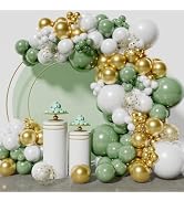 KAWKALSH Sage Green White Gold Balloon Garland Arch Kit, 146Pcs Latex Balloons Different Sizes fo...