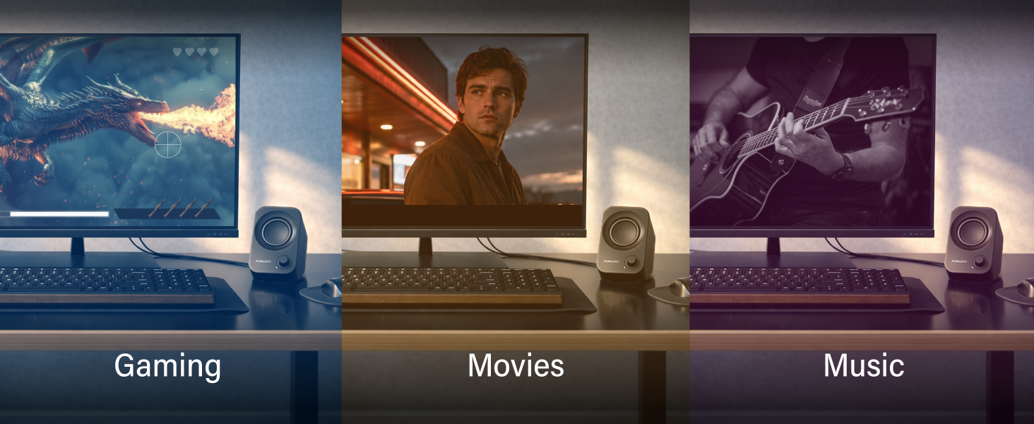 FUNLOGY Speaker Plus shown with gaming, movie, and music desktop scenes.